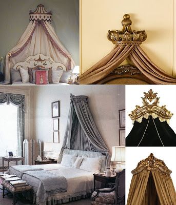 My fascination with antique doll crowns trickles down  to bed crowns as well.  I love a draped bed and using a crown is a fun and practical ... Bed Cornice, Crown Canopy, Studio Deco, Wall Behind Bed, Bed Crown Canopy, Swedish Interiors, Bed Crown, Canopy Beds, Bed Canopy