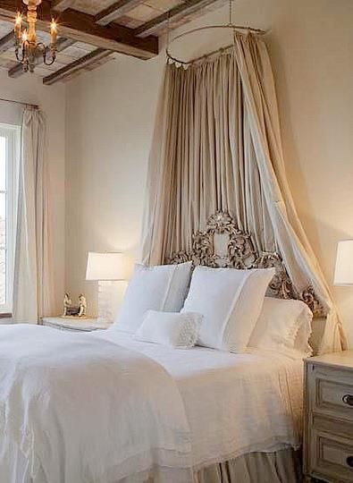 Taupe and white french bedroom-This type of hanging curtain would work perfect for our bed French Bedroom Design, French Country Rug, French Provincial Furniture, French Country Bedrooms, French Bedroom, Country Bedroom, Dreamy Bedrooms, French Country House, Chic Bedroom