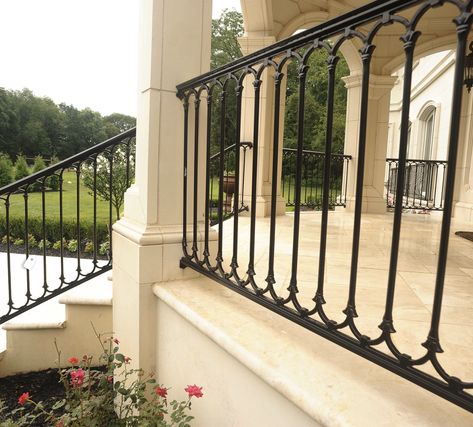 Wrought Iron Balustrade, New Orleans Iron Railing, Iron Handrails Outdoor, Balustrade Design Outdoor, Stair Railing Exterior, Iron Railings Outdoor Balconies, Wrought Iron Stair Railing Outdoor, Wrought Iron Balcony Railing, Modern Front Porch Decor