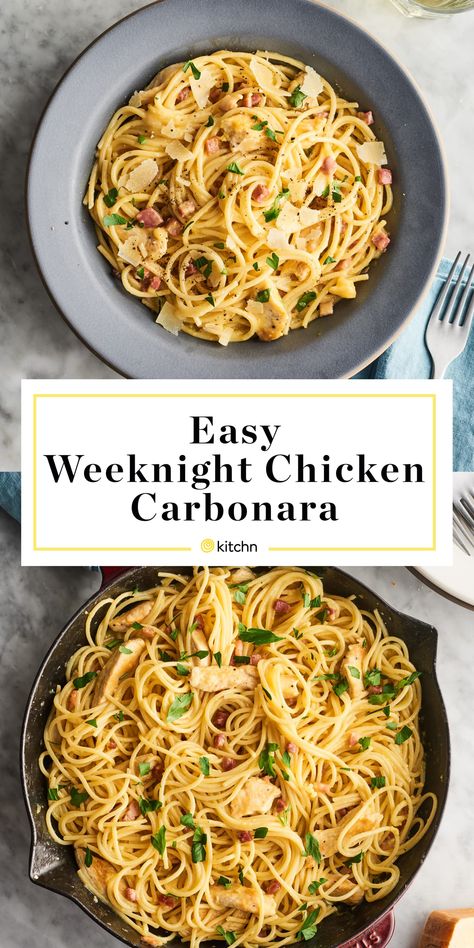 Easy Chicken Carbonara | Kitchn Easy Chicken Carbonara, Carbonara With Chicken, Viking Diet, Carbonara Chicken, Creamy Chicken Carbonara, Chicken Carbonara Pasta, Easy Weeknight Chicken, Chicken Carbonara Recipe, Spaghetti Carbonara Recipe