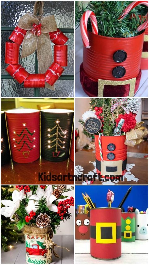 Tin Can Crafts for Christmas Christmas Craft With Tin Cans, Christmas Crafts With Soup Cans, Tin Can Crafts Diy Christmas, Old Tin Projects, Tin Can Christmas Crafts, Christmas Tin Can Crafts Ideas, Tin Can Crafts Diy, Can Craft Ideas, Soup Can Crafts