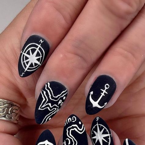 Allyssa Power on Instagram: "Nautical by Nature 😏⚓️ Dip w/ Mystery Art #nauticalnails #summernails #navynails #oceannails #compassnails #oceannails #anchornails #coastalnails #mainenails #nailsportland #portlandmaine #saltlife #seanails #nailart #nailsofinstagram #naildesign" Scuba Diving Nails, Pirate Themed Nails, Compass Nails, Cruise Nails Caribbean Carnival, Pirate Nails Design, Pirate Nail Art, Navy Nails Design, Pirate Nails, Sailor Nails