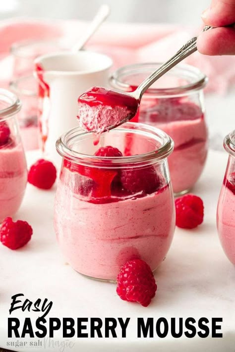 With just 10 minutes of effort, you can create this luscious, Easy Raspberry Mousse at home yourself. Just 5 simple ingredients, including frozen raspberries so you can have this melt in the mouth, eggless mousse any time of year. #sugarsaltmagic #mousserecipe #raspberrymousse #easymousse Berry Mousse Recipe, Easy Raspberry Mousse, Eggless Mousse, White Chocolate Mousse Recipe, Berry Mousse, Mousse Desserts, Canada Party, Fruit Mousse, Shake Recipes Healthy