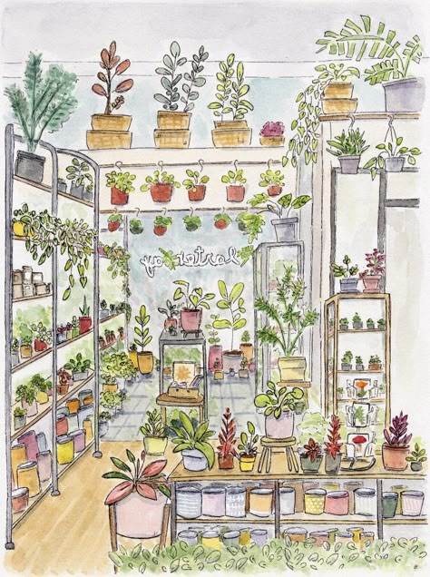 Plant Shop Painting, Flower Shop Drawing Illustrations, Plant Shop Drawing, Plant Store Interior, Plant Shop Illustration, Flower Shop Sketch, Storefront Painting, Flower Shop Drawing, Flower Shop Illustration