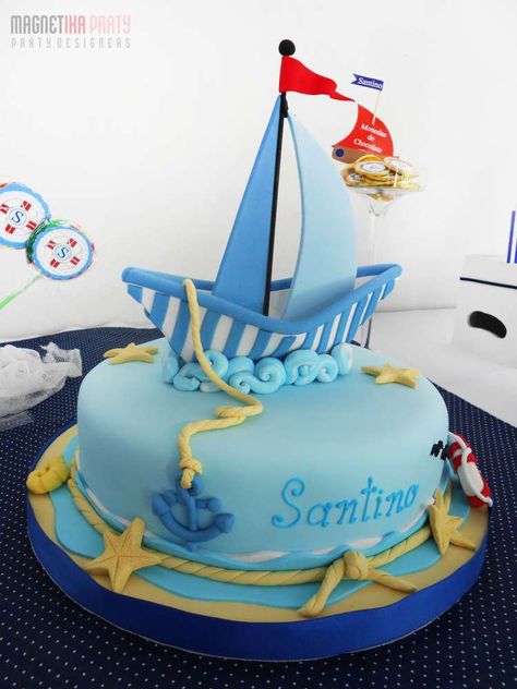 Bautismo Nautico para Santino | CatchMyParty.com Ship Theme Cake, Ship Cake Ideas, Ship Birthday Cake, Nautical Cakes, Sailboat Cake, Ship Cake, Baptism Party Ideas, Boat Cake, Nautical Cake