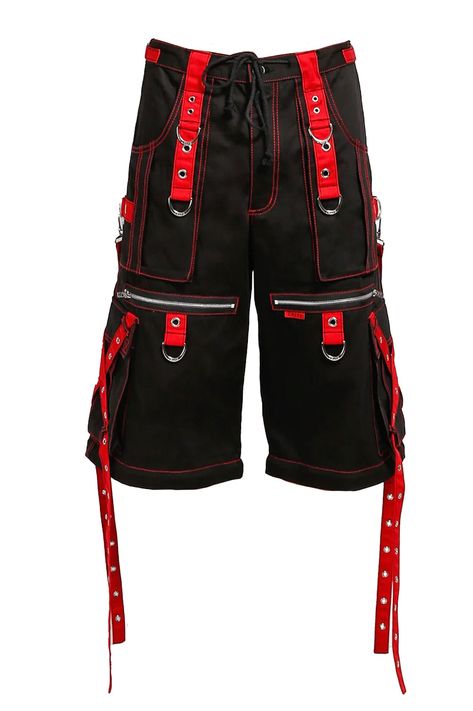 Red And Black Scene Outfit, Tripp Nyc Shorts, Red Clothes Aesthetic, Cyberpunk Shorts, Red And Black Clothes, Tripp Shorts, Emo Shorts, Red Pants Men, Tripp Pants