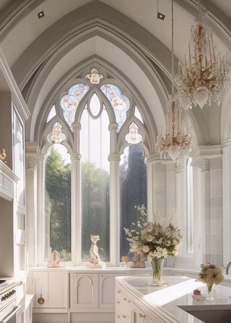 White Gothic Interior, White Gothic Architecture, Princess Castle Interior, White Gothic House, White Gothic Kitchen, White Castle Interior, 2 Desk Office, White Gothic Aesthetic, French Castle Interior