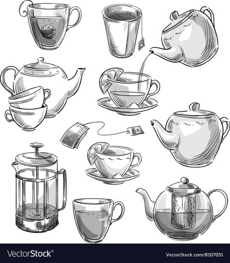 Tea Set Drawing, Tea Cup Sketch, Teapot Sketch, Dishes Drawing, Mug Sketch, Tea Sketch, Tea Pot Illustration, Cup Sketch, Drawing Cup