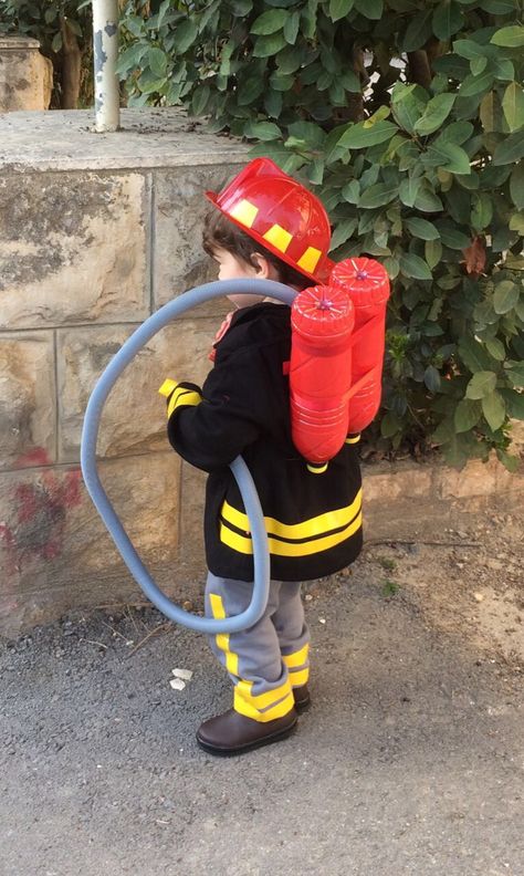 Diy Fire Extinguisher For Kids, Fire Fighter Costume Diy, Diy Fireman Costume Kids, Diy Firefighter Costume Kids, Firefighter Costume Diy, Fireman Costume Kids, Toddler Firefighter Costume, Diy Firefighter Costume, Diy Fireman Costumes