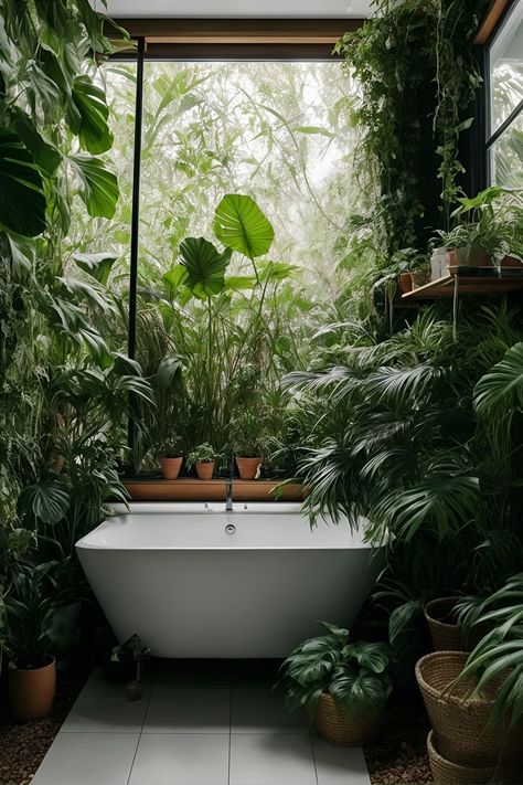 Bring the beauty of the jungle into your bathroom with this lush plant-filled space. The large variety of potted plants in different sizes adds a touch of lush greenery and life to the room. Whether you're soaking in the tub after a long day or simply getting ready for bed, this bathroom is sure to help you relax and recharge. Indoor Plant Placement, Indoor Plants Bathroom, Plant Placement, Jungle Bathroom, Indoor Garden Rooms, Indoor Plant Lights, Large Indoor Plants, Bathroom Plants, Indoor Jungle