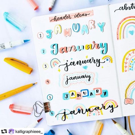 @bujos.design shared a photo on Instagram: “✨ Headers ✨ Thanks @kalligraphieee_ @somekindwords_ @_artsyaxolotl @bujo.by.filo @soulfulscribs @mybujolife__ @miris.journal…” • Jan 26, 2021 at 4:16pm UTC January Header, January Title, Life Organization Printables, Header Ideas, Initial Art, Paper Planner, Hand Lettering Art, Journal 3, Journal Books