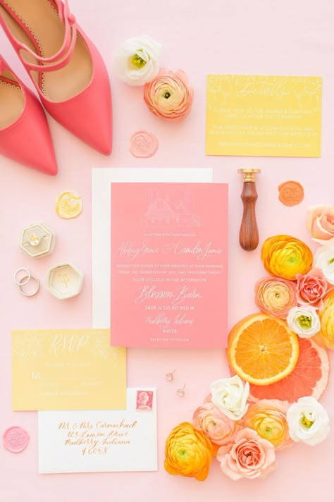 Colorful Wedding Flatlay, Pink Orange Wedding Invitations, Citrus Color Wedding, Pink And Orange Wedding Theme, Citrus Wedding Theme, Summer Citrus Wedding, Orange Picnic, Bright Summer Wedding, Tangerine Wedding