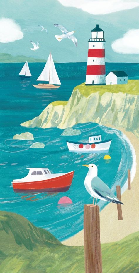 Seaside Paintings Easy, Lighthouse Art Painting, Naive Art Seaside, Painterly Art Style, Seaside Drawing, Light House Illustration, Lighthouses Painting, Seascape Illustration, Illustration Design Ideas