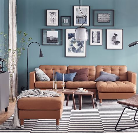 Living Room With Blue Walls, Room With Blue Walls, Blue Walls Living Room, Tan Living Room, Brown Sofa Living Room, Furnitur Ruang Keluarga, Leather Sofa Living Room, Ikea Living Room, Living Room Color Schemes