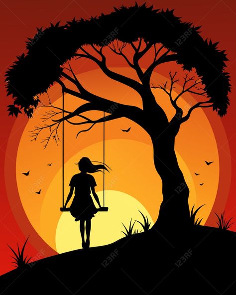 Silhouette of a girl on a swing in the jungle at sunset - 229242879 Cool Silhouette Art, Silhouette Art Ideas, Draw Sunset, Ideas For Art Projects, Canvas Art Painting Abstract, Cool Silhouettes, Silhouette Pictures, Silhouette Drawing, Paint Party Ideas