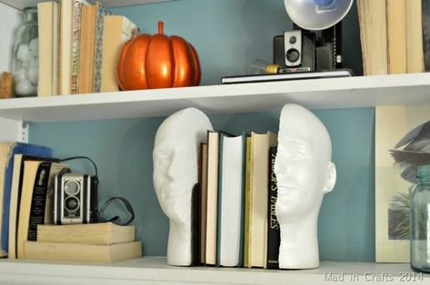 https://madincrafts.com/quirky-head-bookends/ Quirky Bookshelf, Head Bookends, Diy Bookends, Styrofoam Head, Metal Bookshelf, Foam Head, Quirky Home Decor, Built In Shelves, House Room