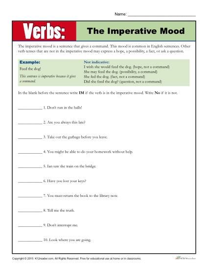 Practicing Verb Worksheet - The Imperative Mood Verb Sentences Worksheet, Imperative Verbs Worksheets, Verb Form Worksheet, Verb Sentences, Imperative Verbs, Transitive Verbs Worksheet, Imperative Mood, Spanish Commands, Main Idea Worksheet