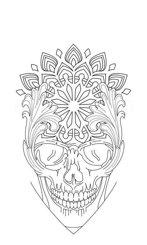 Skull And Mandala Tattoo Design, Mandala Outline Design, Geometric Skull Tattoo Design, Mens Tattoo Designs Drawing, Geometric Mandala Tattoo Men, Mandala Skull Tattoo Design, Spider Mandala, Spooky Mandala, Goth Mandala