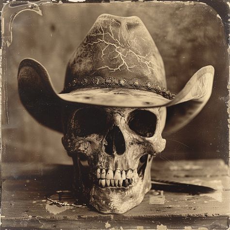 "Guardian of the ghost towns, keeper of wild hearts. ⭐🐴" #skullart #westernart #cowboyskull #oldwest #wildwest #cowboyhat #vintagephotography #historicalart #gothicstyle #ghosttowns #digitalillustration #darkart #westernstyle #cowboyup #skeletonart #rusticdecor #countrylife #americanwest #artoftheday #westernheritage #frontierlife #wildwestart #cowboyculture #legendary #midjourney #midjourneyart 🤠💀🌌🌵⭐ Skull Hat Tattoo, Skull With Cowboy Hat, Cowboy Hat Tattoo, Skull Cowboy, Skeleton Cowboy, Cowboy Skull, Skeleton Artwork, Cowboy Tattoos, Skull Reference