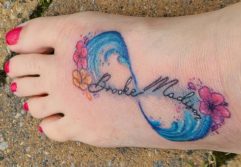 Ocean Wave Tattoo With Name, Ocean Wave Tattoo, Beachy Tattoos, Poppies Tattoo, Beach Tattoo, Waves Tattoo, Foot Tattoo, Name Tattoos, Ocean Wave