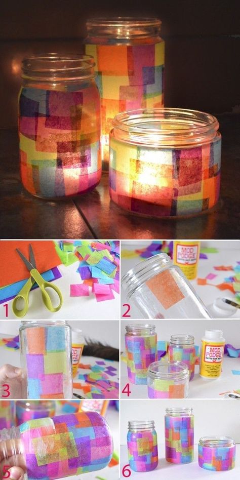 Recycled Jars, Diy Jar Crafts, Jar Diy, Faux Stained Glass, Craft Club, Camping Crafts, Balcony Ideas, Backdrop Decorations, Mason Jar Crafts