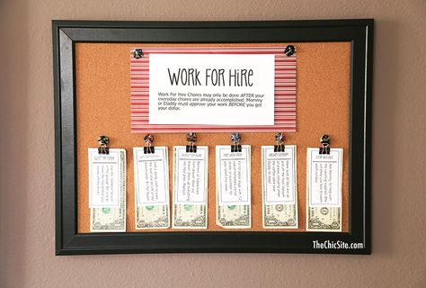 chore board free printable - work for hire, extra chore jobs for pay, encourage entrepreneuership, this would be cute with clothes pins, though it would be more permanent Chores Board, Saturday Chores, Chore Ideas, Free Printable Chore Charts, Chore Cards, Chore Board, Site Work, Work For Hire, Rachel Hollis