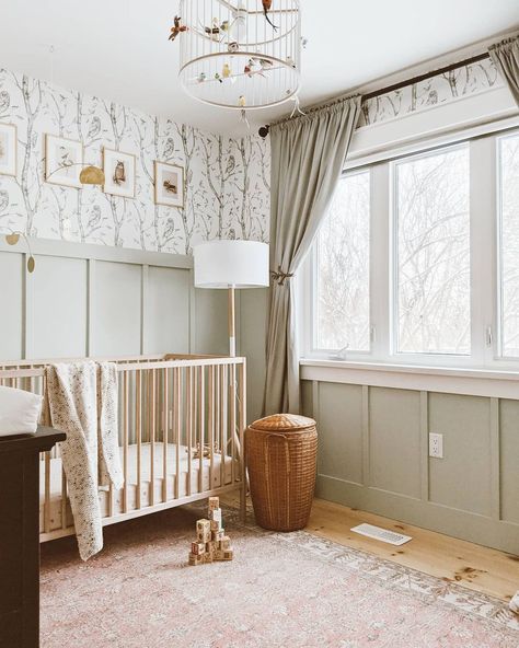 Tongue And Groove Nursery, Moulding Nursery, Baby Room Panelling, Nursery Paneling, Wainscoting Around Windows, Nursery Panelling, Nursery Wallpaper Accent Wall, Ideas For Small Homes, Baby Boy Room Themes