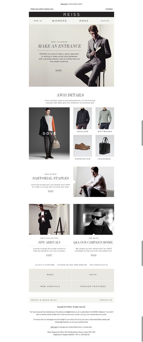 Like the image of model next to suggestions of products Menswear Email Design, Luxury Newsletter, Mailing Design, Animals Tattoos, Fashion Web Design, Newsletter Ideas, Email Layout, Newsletter Layout, Email Marketing Inspiration