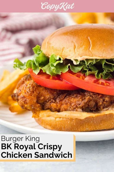 Indulge in the flavors of Burger King at home with a BK Royal Crispy Chicken Sandwich. Perfectly seasoned fried chicken, crisp lettuce, fresh tomato, and the signature Royal Sauce come together to create a mouthwatering experience. Ideal for lunch, dinner, or any time you crave a fast-food classic with a homemade twist. Get the easy copycat recipe and find out how to make the best chicken sandwich like Burger King. Chicken Royale Recipe, Crispy Spicy Chicken, Crispy Chicken Sandwich, Spicy Chicken Sandwich, Hot Sandwiches, Crispy Chicken Burgers, Crispy Chicken Sandwiches, Breaded Chicken Cutlets, Spicy Chicken Sandwiches