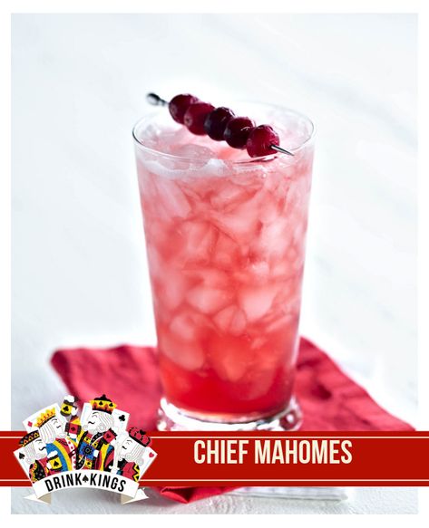 The CHIEF MAHOMES is a blend of whiskey, amaretto, cranberry juice and lime juice. #whiskey #amaretto #ChiefsKingdom #chiefs Kansas City Chiefs Themed Cocktails, Kansas City Chiefs Alcohol Drinks, Chief Themed Food, Chiefs Drink Ideas, Chiefs Themed Drinks, Chiefs Themed Cocktail, Kc Chiefs Cocktail, Kc Chiefs Party Food, Kc Chiefs Superbowl Food