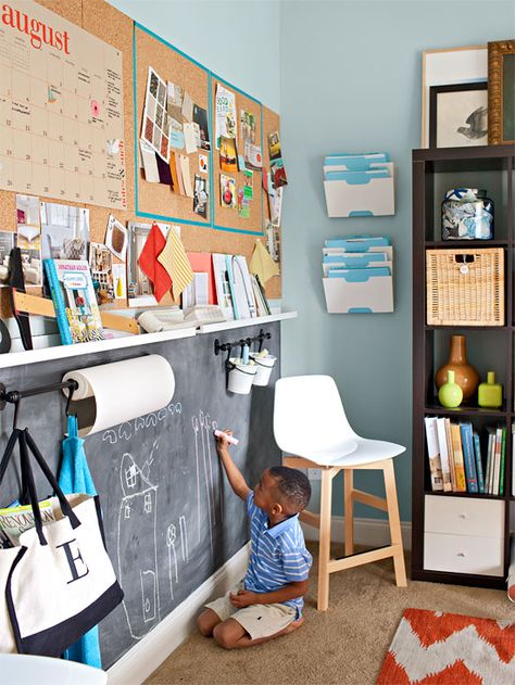 Corkboard up top equals room for a calendar, design swatches, and more; a chalkboard and hooks below offer kid-friendly drawing space. Budget Remodel, Basement Playroom, Office Playroom, Kids Office, Wall Art Ideas, Chalkboard Wall, Makeover Ideas, Toy Rooms, Kids Corner