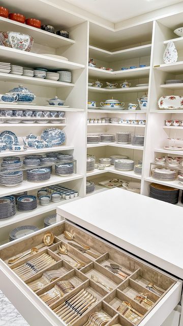 Pantry For Dishes, Pantry Dishes Organization, China Closet Ideas, Hosting Pantry, Dish Room Ideas, Dinnerware Storage Ideas, Plate Closet, Dinnerware Organization, China Storage Ideas