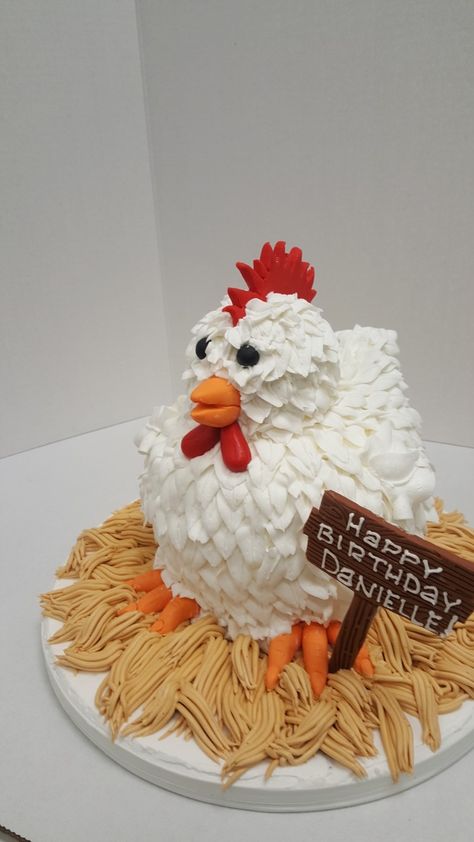 Buttercream chicken shaped cake Farm Animal Cakes Buttercream, Chicken Themed Cupcakes, Chicken Cupcakes Birthday, Chicken Birthday Cake Ideas, Chicken Themed Birthday Cake, Chicken Smash Cake, How To Make A Chicken Cake, Chicken Birthday Theme, Chicken Cupcakes Ideas