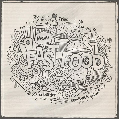 Fast food hand lettering and doodles elements stock illustration Illustration Elements, Food Doodles, Food Backgrounds, Doodle Lettering, Food Drawing, Fabric Painting, Doodle Art, Adult Coloring, Seamless Pattern