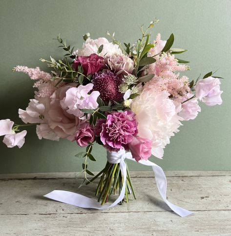 A soft and romantic bouquet, in shades of pink and raspberry, with peonies, sweet peeas and astilbe. Shades Of Pink Bouquet, Lavender Wedding Flowers, Peony Bouquet Wedding, Romantic Bouquet, Summer Bouquet, Wedding 2024, Pink Bouquet, Lavender Wedding, Flower Bouquets