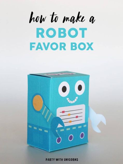 Are you planning a robot party? Download this free template to create a Robot Favor Box. This DIY robot favor is the perfect way to send your guests home with a special treat. They are also super cute Robot Party decorations. Diy Robot Projects, Robot Template, Robot Box, Robot Party Favors, Diy Party Bags, Robot Project, Batman Coloring, Pool Party Gift, Paper Robot