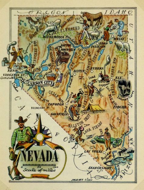 Nevada Original Antique Vintage Pictorial Map Postcard Size | Etsy Map Gallery Wall, Nevada Map, Cartoon Map, Nevada State, Pictorial Maps, Map Pictures, Sketches Of People, Gift For Anniversary, Printable Maps