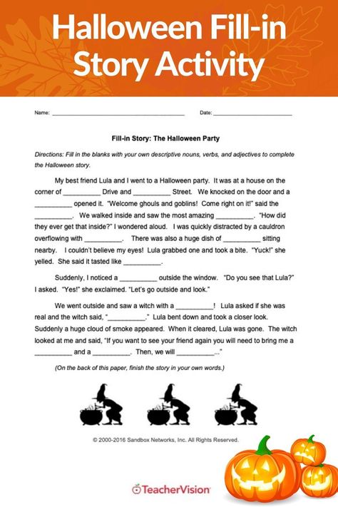 Bring Halloween into your classroom with this fill-in story for grades 2-4. Students fill in the blanks of the Halloween story with their own nouns, adjectives, and verbs to create a story about a Halloween party. Then, they finish the story in their own words. #halloweenschoolactivities Halloween Adjectives, Halloween School Activities, Halloween Writing Activities, Halloween Teaching, Creative Writing Activities, Halloween Reading, Halloween Writing, Create A Story, Nouns Verbs Adjectives