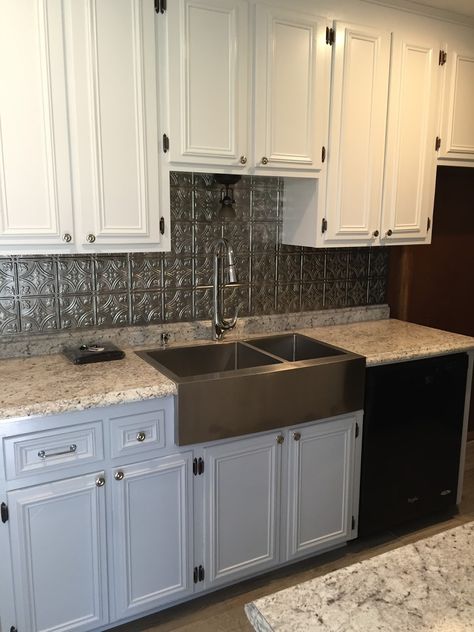 Tin backsplash Tin Backsplash Kitchen Farmhouse, Tin Backsplash Kitchen White Cabinets, Black Tin Backsplash Kitchen, Roommates White Tin Backsplash, Dark Gray Countertops, Pressed Tin Backsplash, Tin Tile Backsplash, Tin Backlash Withbrown Countertops, Tin Backsplash Kitchen