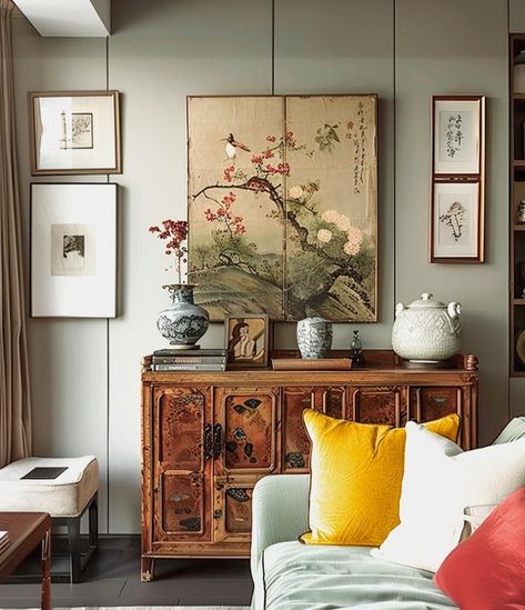 Asian Room Decor, Modern Chinese Living Room, Chinese Living Room, Asian Room, Retro Living Rooms, Modern Chinese, Eclectic Interior, Vintage Modern, Modern Vintage