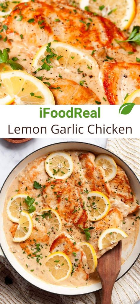 Lemon Garlic Chicken with tender, juicy chicken topped with a creamy lemon garlic sauce and completely ready in 35 minutes! Creamy Lemon Garlic Sauce, Creamy Lemon Garlic Chicken, Lemon Garlic Chicken Recipe, Lemon Garlic Chicken Breast, 30 Minute Meals Healthy, Garlic Chicken Recipe, Lemon Garlic Sauce, Lemon Garlic Chicken, Garlic Chicken Recipes