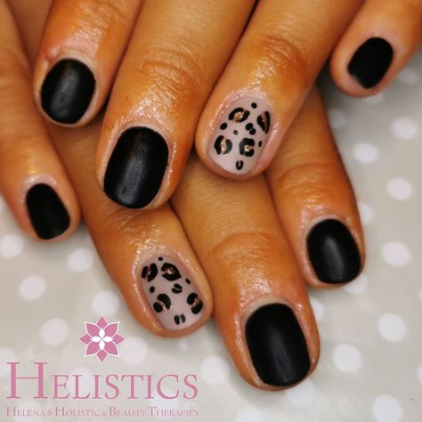 Matte Black Nails With Leopard, Black With Leopard Nails, Black And Tan Leopard Nails, Black And Gold Leopard Nails, Black Nails With Leopard Design, Black And Leopard Print Nails, Neutral Leopard Nails, Black And Tan Nails Designs, Black And Leopard Nails