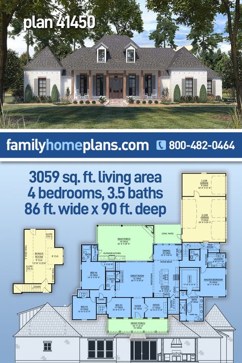 Acadian, Southern Style House Plan 41450 with 3059 Sq Ft, 4 Bed, 5 Bath, 3 Car Garage Floor Plans 3000 Sq Ft, Pueblo Style House, Acadian Style Homes, Acadian House Plans, Waterfront House, Spec House, Southern Style House Plans, Pool House Plans, Fall Creek