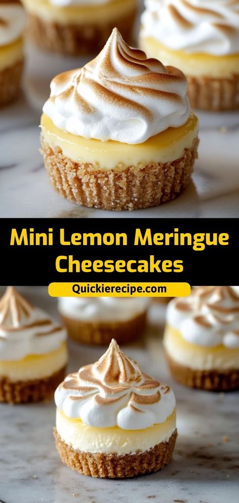 These Mini Lemon Meringue Cheesecakes are the perfect balance of sweet and tart! With a creamy lemon filling, graham cracker crust, and fluffy meringue topping, they’re bite-sized desserts that shine at any gathering. Ingredients: 1 cup graham cracker crumbs 8 oz cream cheese 1/4 cup lemon juice 2 egg whites A bright and tangy dessert that’s as delightful as it is delicious" Mini Cheesecake Topping Ideas, Outback Potato Soup, Toasted Crackers, Lemon Meringue Cake, Desserts For Parties, Perfect Meringue, Meringue Topping, Lemon Meringue Cheesecake, Lemon Meringue Tart