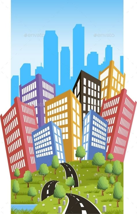 Cartoon illustration of a road to a city Bday Background, City Rats, Cartoon Town, Superhero City, Spiderman Room, Cartoon Building, Creative Clips, Animal Print Background, Watercolor Art Landscape