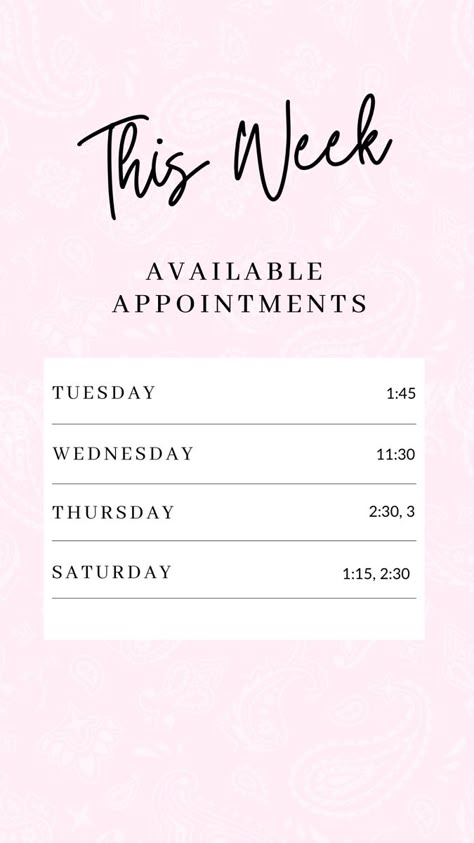 Open Availability Post, Availability For Appointments Background, Appointments Available Instagram Story, Availability For Appointments Template, Lash Availability Post, Lash Tech Wallpaper, Appointments Available Beauty, Openings Available Salon, Nail Policy Ideas