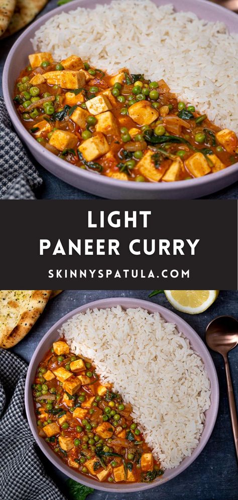 A light paneer curry is the perfect diner for a busy weeknight. Loaded with crispy bits of paneer, peas, and spinach, this is a healthy paneer curry that counts towards your five a day while being utterly delicious. Recipes With Paneer, Easy Paneer Recipes Healthy, Healthy Paneer Recipes, Indian Paneer Recipes Vegetarian, Paneer Recipes Indian Curries, Low Calorie Paneer Recipes, Paneer Cheese Recipes, Paneer Recipes Indian, Paneer Cashew Curry