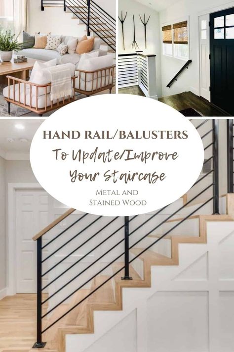 Classic Staircase Updates To Make You Stare! | Classic Casual Home Staircase With No Railing, Update 90s Staircase, Remodel Staircase Railings, Simple Banisters And Railings, Barndominium Staircase, Metal Stair Railing Ideas, Black Iron Stair Railing, Metal Staircase Design, Updated Staircase