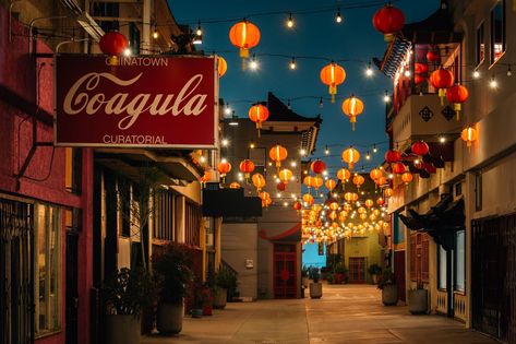 Lanterns in Chinatown at night, in Los Angeles, California Chinatown Los Angeles, Rail Transport, Hotel Motel, Posters Framed, Image House, Gas Station, City Skyline, Night In, Los Angeles California