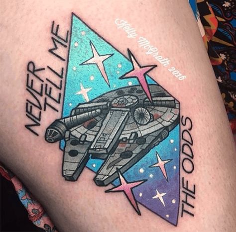 Millennium Falcon Tattoo, Lightsaber Tattoo, Falcon Tattoo, Nerdy Tattoos, Star Wars Tattoo, New School Tattoo, Star Tattoos, Get A Tattoo, Love Tattoos